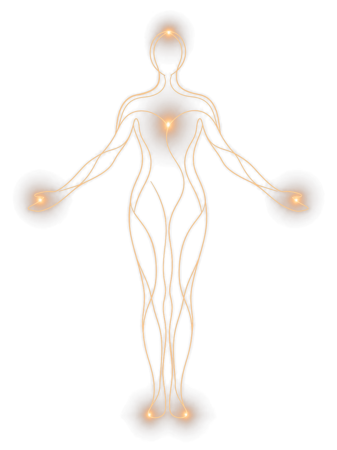 Figura humana de líneas de luz con cinco puntos de energía encendidos: cabeza, pecho, ambas manos y pies